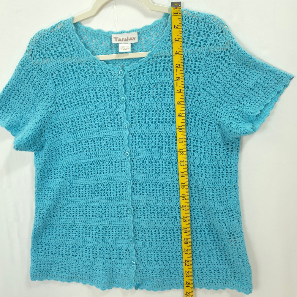 Turquoise Blue Crochet Cardigan Button Front Layering M Short Sleeve Cottagecore - Picture 4 of 10